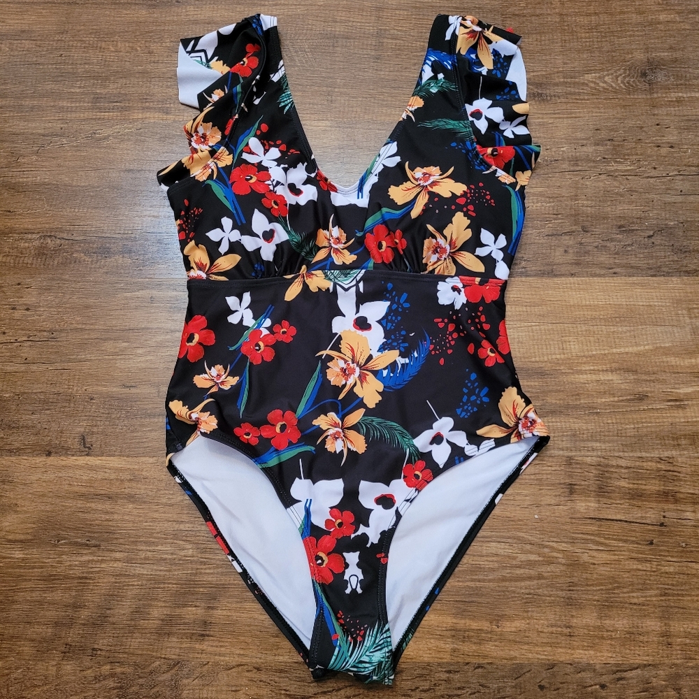 Women's Lands End Swimsuit Blue Tropical Floral Aloha Hawaiian Plus Size 1XL 1X